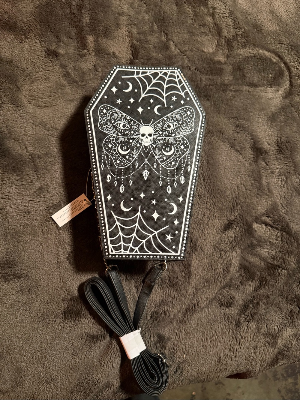 Black Coffin Crossbody Bag with Gothic Moth Design